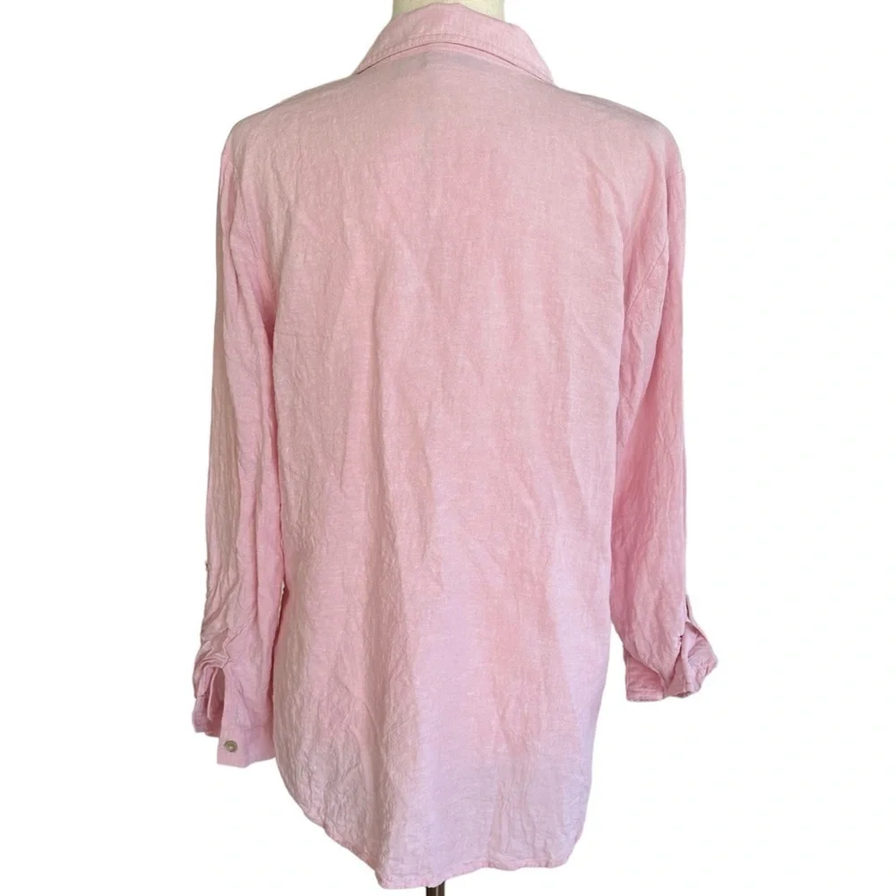 Susan Graver Pink Linen Rayon Blend Long Sleeve Button-down Roll Tab Sleeves M - Picture 2 of 11